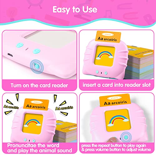 QuTZ ABC Learning Flash Cards for Toddlers 2-4 Bilingual Spanish English, Autism Toys, Speech Therapy Toys, Educational Talking 275 Sight Words Cards for Boys and Girls, - color: Pink
