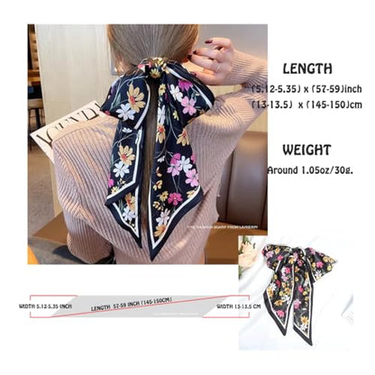 Silk Feeling Head Scarf Fashion Satin Hair Scarf Square Long Scarves for Women Gifts - color: 02 Black Flower 5.12 X 59 Inch