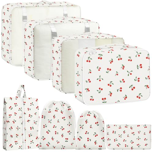 Packing Cubes for Travel - 8 Set Luggage Organizer Bags for Family, Mesh Breathable Packing Cubes for Suitcases Durable Travel Essentials Bags Set (White Cherry) - color: White Cherry