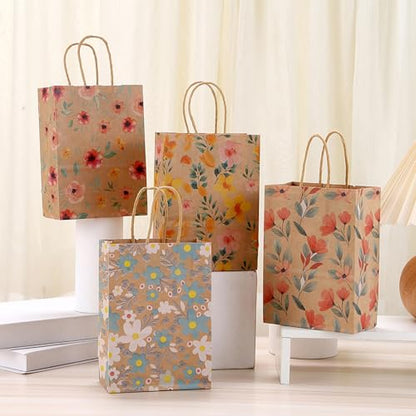 24pcs Floral Pattern Kraft Paper Bag Gift Bags with Handles for Party Favors, Mothers Day, Weddings, Birthday Celebration, Baby Shower,8.26×5.9×3.14inch - color: flower
