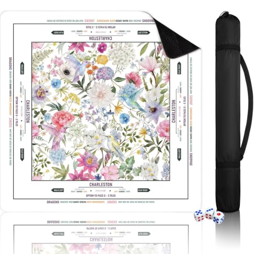 31.5" x 31.5" Floral Mahjong Mat with Rules, with Bag and Dice - color: White