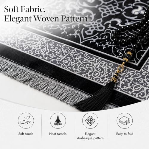 Muslim Prayer Rug with 99-Bead Tasbih, Soft Islamic Prayer Mat Sajadah for Daily Salah, Ramadan Eid Gifts for Men Women, Foldable Janamaz Prayer Rug - color: Black