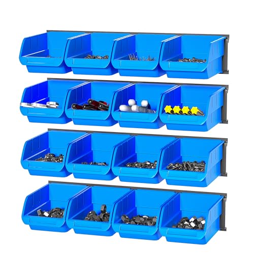 Wall Mounted Storage Bins, Plastic Hanging Storage Organizer Bins | Garage Tool Storage System for Screws, Nuts, Bolts, Nails, and Small Hardware Parts, 16x bins & 4 x Rails, Blue - color: Blue