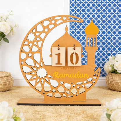 DPKOW Wooden Ramadan Advent Calendar Gifts Ramadan Decorations for Home, Crescent Mosque Countdown Calendar with Number Plates for Islamic Muslim Party Table Decor Moon Tabletop Decorations for Home