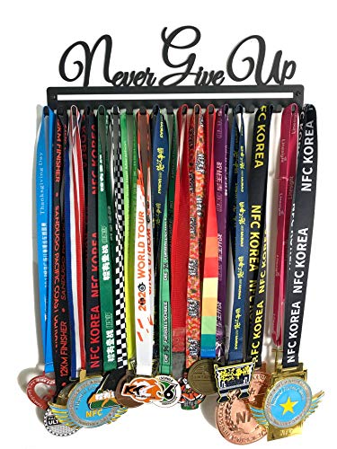Metal Wall Mount Motivational Medal Hanger Display and Lanyard Ribbon Holder - Ribbon Display Rack with Easy Hanging Hooks & Simple Install, Gifts for Kids & Adults - style: Never Give Up