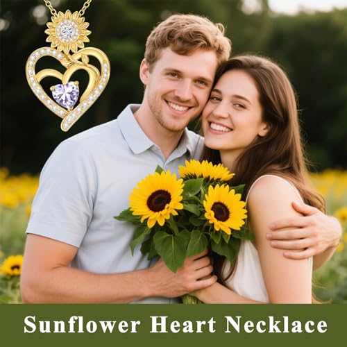 Midari Sunflower Necklace 18k Gold Plated Heart with Brithstone You Are My Sunshine Necklace Anniversary Birthday Sunflower Jewelry Gift for Women Wife Mom - color: 06-June