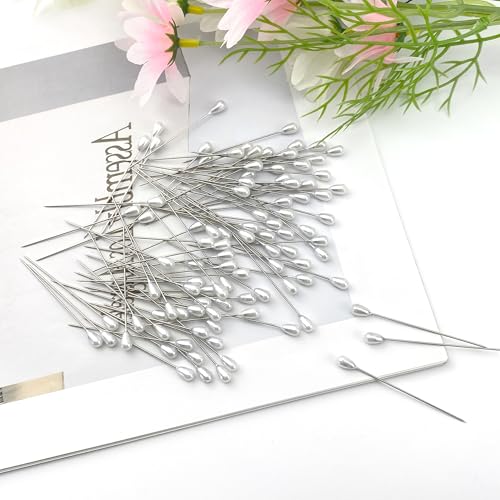 Quacc 100 PCS Corsage Pins with Box, Long Straight Wedding White Teardrop Pearl Head Boutineer Boutonniere Prom Bouquet Pins for Quilting Sewing Pinning Quilt Flower DIY Crafts (2.17")