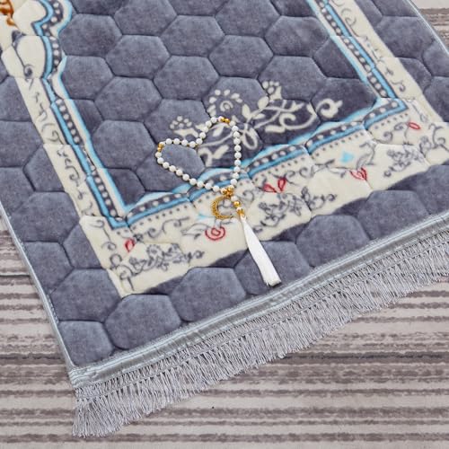Muslim Prayer Rug with Tasbih Prayer Beads, Soft Large Prayer Matt Islam, Padded Islamic Prayer Mat Thick for Men and Women, Janamaz, Sajadah (31.5" x 47.2", Grey) - color: Grey