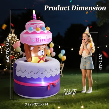 Lewondr 6FT Inflatable Birthday Cake Outdoor Decorations, Automatic Lifting Bear, Waterproof Blow Up Happy Birthday Decor with Candle 4 LED Lights for Outdoor Indoor Party Garden Yard Lawn - style: Lifting Bear