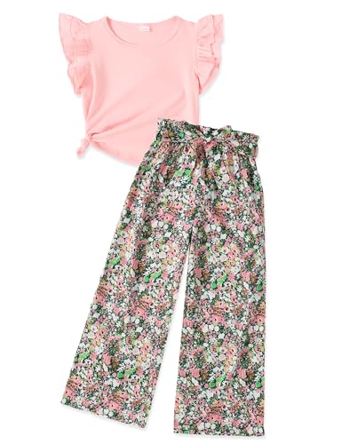 GEMLON Girls' Clothing Sets Solid Ruffle Sleeve Tank Top and Printed Wide Leg Pant 2 Piece Set Summer Outfits for Girls 5-14Y - color: Pink, size: 11-12 Years