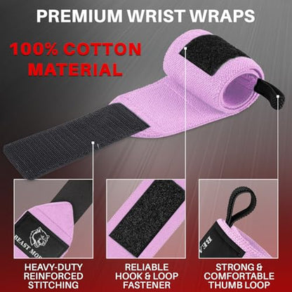 TECEUM Weightlifting 18" & 12" Wrist Wraps with Thumb Loop – Heavy Duty Wrist Workout Braces for Men and Women – Ideal for Powerlifting, Strength Training, Bodybuilding - color: Pink, style: 18" – Beast Mode