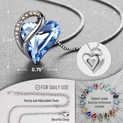 Leafael Gift Necklaces for Women, Infinity Love Birthstone Heart Crystal Pendant, Birthday Anniversary Jewelry for Wife, Mom, and Her, Silver Plated, 18" + 2" Adjustable Chain - color: 03-March & December-Light Sapphire Blue