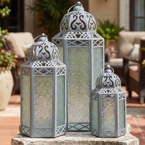 VELA LANTERNS Set of 3 Clear Glass & Silver Metal Moroccan Candle Lantern Holders (XL, Large, Small) - Decorative Indoor/Outdoor Decor for Patio, Floor, Weddings & Ramadan - color: Silver