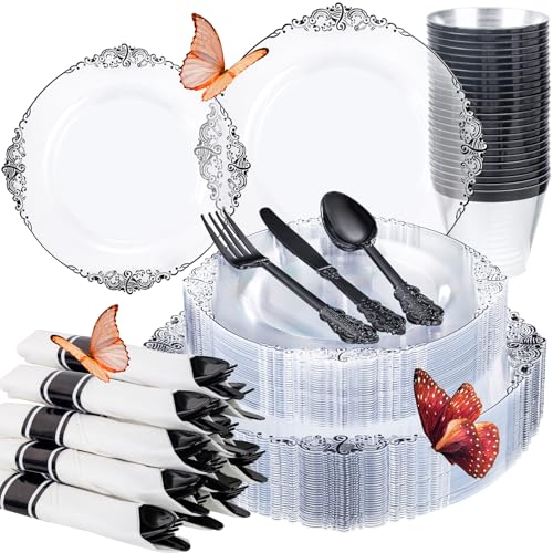 Hioasis 175pcs Clear and Black Plates - Black Party Plates for 25 Guest, Include 50 Heavy-duty Plates(20% Thicker Than Standard), 25 Pre Rolled Gold Plastic Silverware Set, 25 Cups - color: Clear and Black