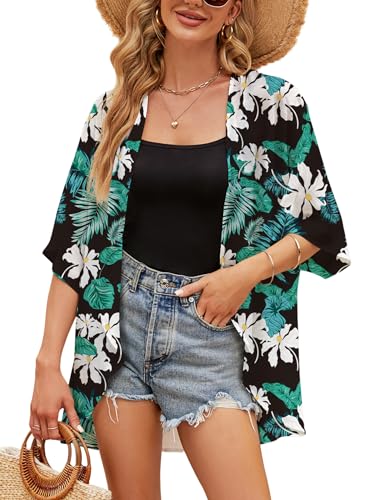 Chunoy Women Short Sleeve Chiffon Kimono Beach Swimsuit Cover Up - color: Black Green White, size: Large