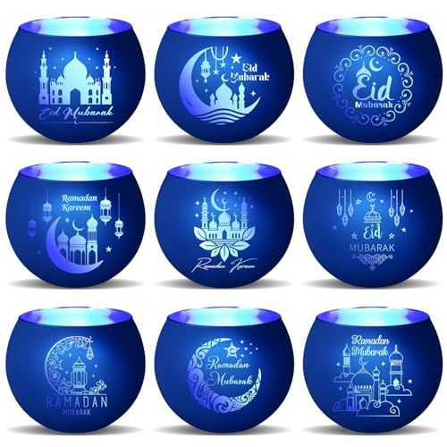 9 Sets Ramadan Candle Holders with Votive Tealights Ramadan Mubarak Table Decoration for Home 9 Designs Eid Table Centerpiece Islamic Gift(Blue) - color: Blue