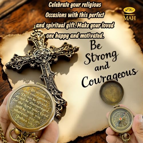 Bible Verse Brass Compass – “Be Strong and Courageous” (Joshua 1:9) | Christian Gift for Graduation, Baptism, Confirmation – Religious Keepsake for Boys, Girls, Teens, Men, Pastors & Church Events - style: Be Strong – Edition 1