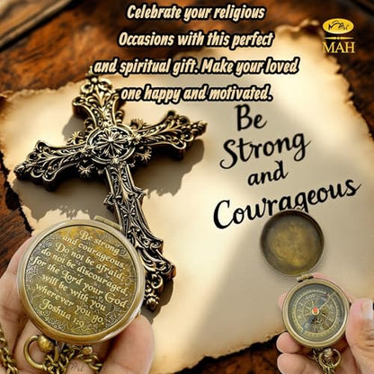 Bible Verse Brass Compass – “Be Strong and Courageous” (Joshua 1:9) | Christian Gift for Graduation, Baptism, Confirmation – Religious Keepsake for Boys, Girls, Teens, Men, Pastors & Church Events - style: Be Strong – Edition 1