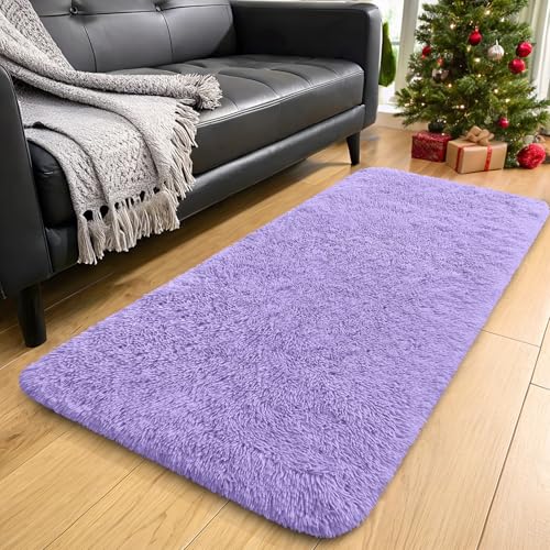 OLANLY 2x4 Machine Washable Runner Rugs for Hallway, Soft Fluffy Shaggy Bedside Rugs for Bedroom, Living Room, Indoor Floor Carpet for Kids Girl Boy, Nursery Rooms, Home Decor Aesthetic, Light Purple - color: Light Purple, size: 2x4 Ft