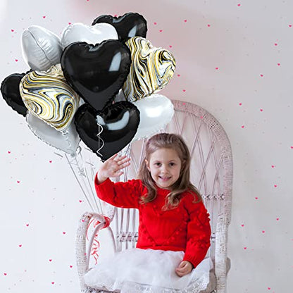 Black White Agate Heart Balloons, 10PCS Foil for Goth Wedding Party - color: Glossy-black White Agate