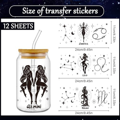 Rngmsi Constellation UV DTF Cup Wraps - 12 Sheets Twelve Zodiac Signs Uvdtf Decals for 16 oz Glass Cups, Black Astrology UV Transfer Stickers, Waterproof Rub on Transfer for Water Bottle DIY Crafts - style: Twelve Zodiac Signs