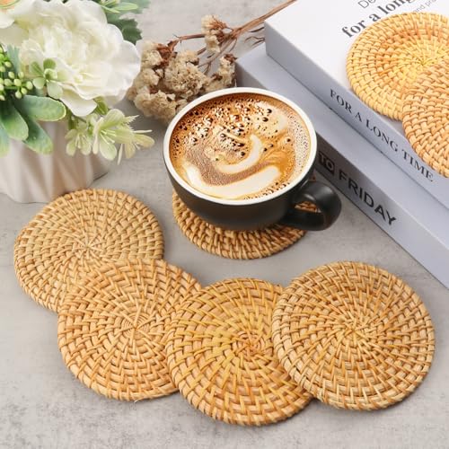 15 PCS 4 Inch Round Rattan Coasters, Handmade Braided Drink Coasters, 4 inch Rattan Woven Coaster for Home & Party