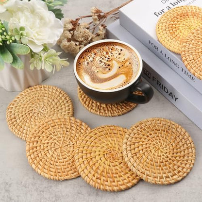 15 PCS 4 Inch Round Rattan Coasters, Handmade Braided Drink Coasters, 4 inch Rattan Woven Coaster for Home & Party