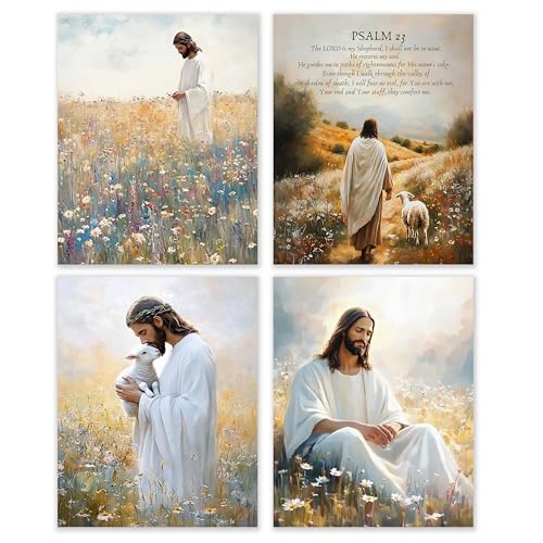BESERH Jesus and Lamb Wall Decor, Floral Christian Bible Verse Wall Art Prints, Christian Jesus Shepherd Posters for Bedroom Prayer Room Home Office Church, 8x10 Inches Set of 4 Unframed - color: Christian-D