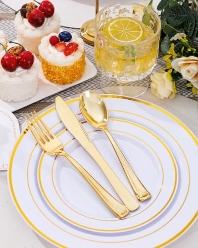 Supernal 60PCS Gold Plastic Dinnerware Set (Service for 12 Guests) - Heavy Duty White Gold Plates with Disposable Silverware for Graduation Party, Summer Wedding, BBQ & Birthday - color: 60pcs White and Gold Plastic Dinnerware set