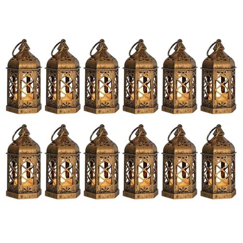 12-Pack Mini Lanterns for Ramadan, Small Decorative Lanterns with Flickering LED Candles for Wedding & Festivals, Hanging Moroccan Lantern for Table Centerpiece, Baby Shower Decor, Bronze - color: Bronze Brushed
