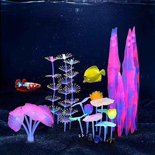 Lpraer 4 Pack Glow Aquarium Decorations Coral Anemone Lotus Leaf Seaweed Simulation Glow Plant Glowing Effect Silicone for Fish Tank Decorations - color: 4 Pcs(branch Coral+anemone+lotus Leaf+seaweed)