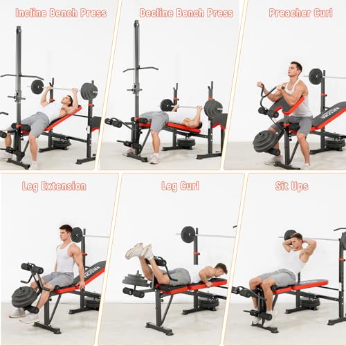 MAIDOMA Foldable 1500LBS Capacity 8 IN 1 Weight Bench Set with Leg Extension/Squat Rack/Preacher Curl, Adjustable Bench Press for Home Gym Full Body Workout (US Stock) - color: 레드