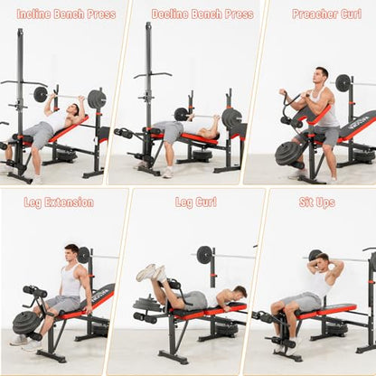 MAIDOMA Foldable 1500LBS Capacity 8 IN 1 Weight Bench Set with Leg Extension/Squat Rack/Preacher Curl, Adjustable Bench Press for Home Gym Full Body Workout (US Stock) - color: 레드