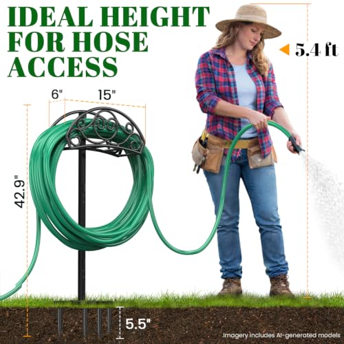 Sunvigor Garden Hose Holder, Heavy Duty Metal Hose Stand with 4 Spikes, Holds Up to 150FT Hose, No Drill Freestanding Hose Reel Alternative for Yard Lawn Outdoor - color: Black-vine Style