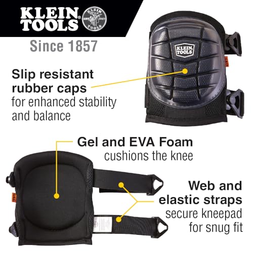 KLEIN TOOLS 60184 Knee Pads, Lightweight Gel Knee Pads with Slip Resistant Rubber Caps and Adjustable Straps, Great for Construction, Black - size: Lightweight