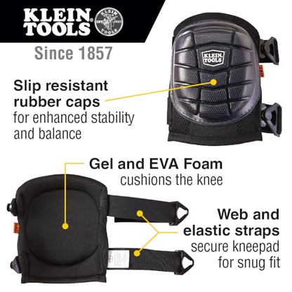KLEIN TOOLS 60184 Knee Pads, Lightweight Gel Knee Pads with Slip Resistant Rubber Caps and Adjustable Straps, Great for Construction, Black - size: Lightweight