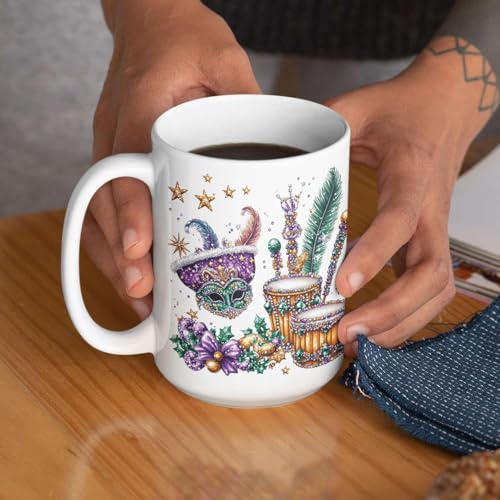 Customized Name White Coffee Cup, Custom Sparkling Mardi Gras Stickers Full Wrap Mug, Personalized Festive Mask With Feathers And Drums Mug, Festive New Orleans Ceramic Cup 11oz 15oz - color: XUA-1124-3657-Mardi Gras Mug