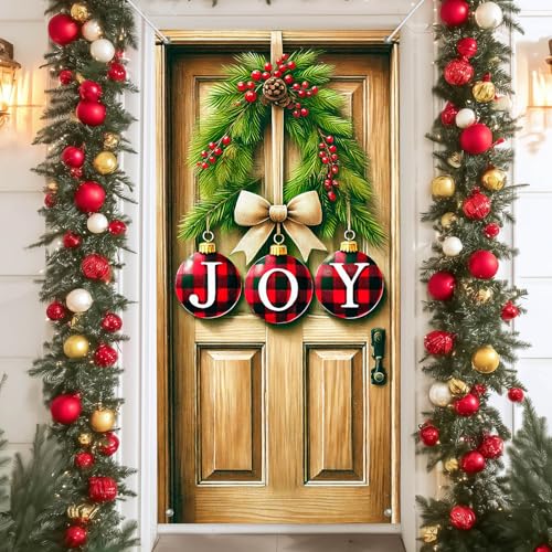 IVN Rustic JOY Letters with Greenery Door Cover Decoration 71 x 35 in Holiday Banner Wood Panel Photo Backdrop Indoor Outdoor for Front Door Party Decorations - color: Joy Rustic Ornament