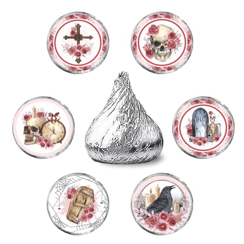 Gothic Kiss Sticker Labels - Floral Skull Round Candy Sticker Favors - Happy Halloween Party Labels Fit Chocolate Candy (Set of 150) - color: Gothic