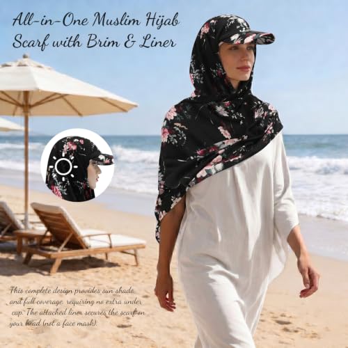 ZLYC Women Muslim Hijab Scarf with Visor Built-in Undercap Sun Protection Headwrap - color: Floral Black