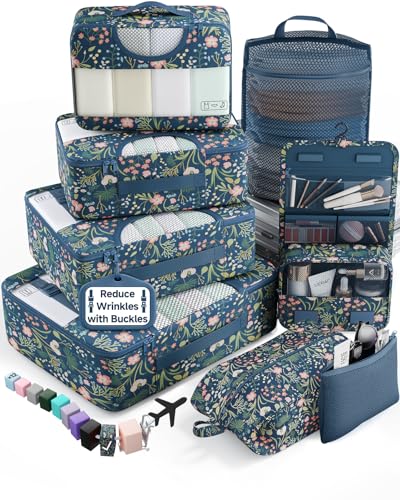 Veken 8 Set Packing Cubes for Travel Essentials,Anti-Wrinkle Buckled Suitcase Organizer for Shoe & Toiletry Bag,Carry On Luggage Bag with 99+ Count Mesh Holes for Airplane & College Dorm Accessories - color: 08 Navy Flower