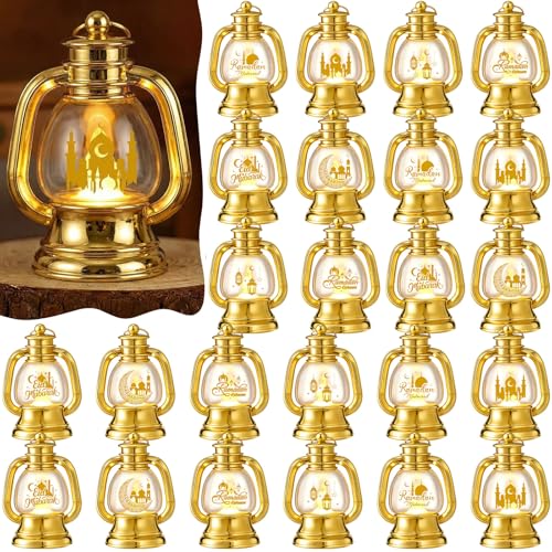 ROCEEI 24 Pcs Ramadan Eid Lantern Mini Gold Lanterns Decorative with LED Candles Small Eid Mubarak Decor Vintage Hanging Lantern Lights for Home Table Centerpiece Party Gift - color: Gold