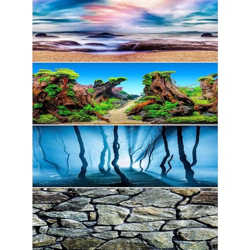 PINVNBY 2 Pack Reptile Terrarium Background 32 x 20 inches Double-Sided Reptile Tank Background Polyester Reptile Habitat Decor with Tape Green Plants & Natural Rock Aquarium Decoration - size: S: 32" x 20"