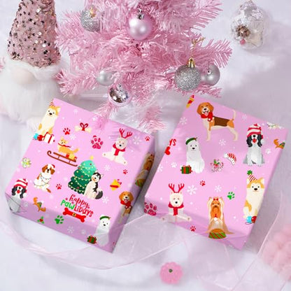 Cuitpan Pink Dog Christmas Wrapping Paper - Xmas Gift Wrap with Christmas Trees, Dog Breeds, Paw Prints & Snowflakes Design- Perfect for Kids & Adults Gift Wrapping - 40×28 Inches, 4 Folded Sheets - color: Pink-Christmas
