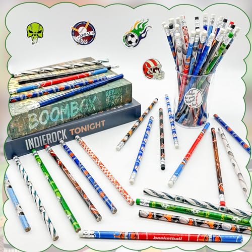 Cinrobiye 96 Pcs Sports Pencils Bulk, Basketball Football Baseball Scoeer Wood Pencils with Erasers Sports for School Prizes Classroom Exchange Gifts Party Favors Supplies, Stationary Gifts - style: Sports
