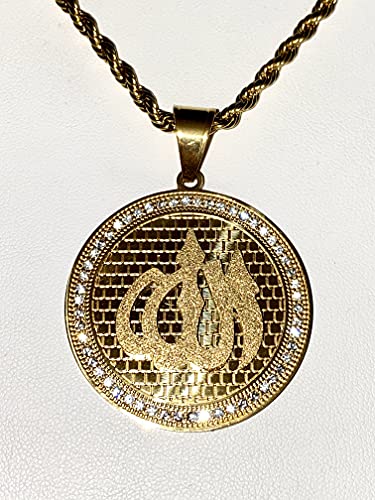 Allah Pendant Necklace – 14k Gold Finish Iced Round Islamic Charm with 3mm Rope Chain, Stainless Steel Muslim Jewelry for Men & Women