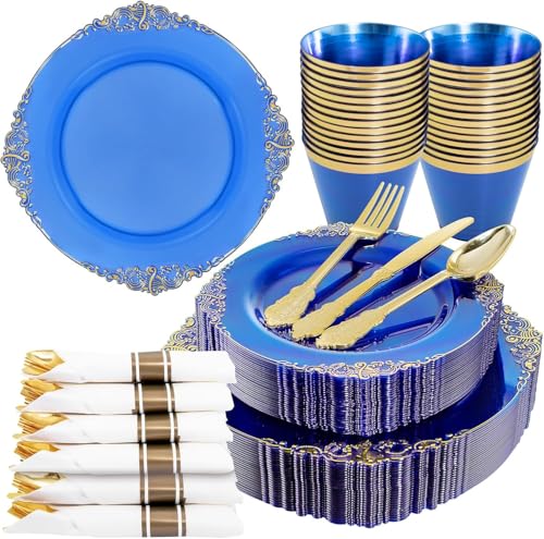 Nervure 175Pcs Blue Plastic Plates, Disposable Party Plates for 25 Guests - color: Clear Blue, size: 175Pcs(25Guests)