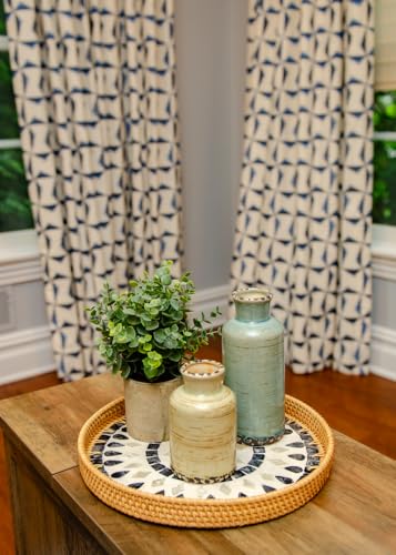 Magenta & Teal Round Rattan Serving Tray with Mother of Pearl Inlay, Wicker Coffee Table Decor, Farmhouse Style (Blue Tan Star) - color: Blue Tan Star