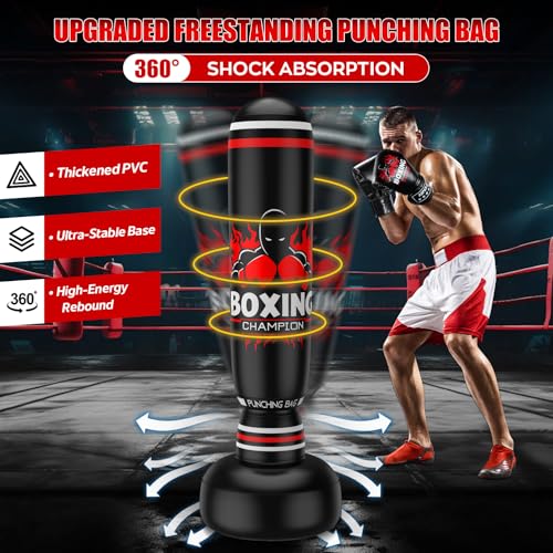 Freestanding Punching Bag for Adults Teens, 69'' Boxing Bag with Stand, Includes Boxing Gloves & Air Pump, Kick Boxing Training Equipment for MMA, Muay Thai, Kickboxing, Fitness for Beginners - color: Red