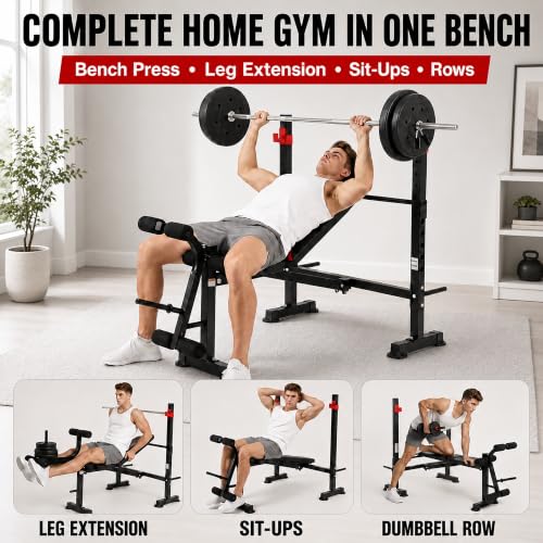 MAIDOMA Foldable 1500LBS Capacity 8 IN 1 Weight Bench Set with Leg Extension/Squat Rack/Preacher Curl, Adjustable Bench Press for Home Gym Full Body Workout (US Stock) - color: vermeil